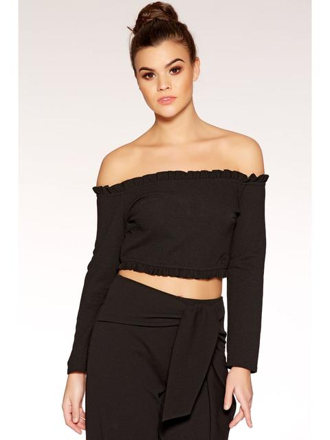 Black Frill Sleeve Bardot Crop Top