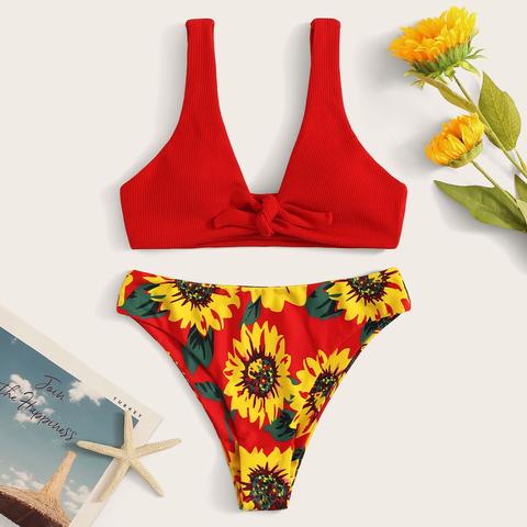 Bikini Avec Imprimé Tournesol Et Nœud