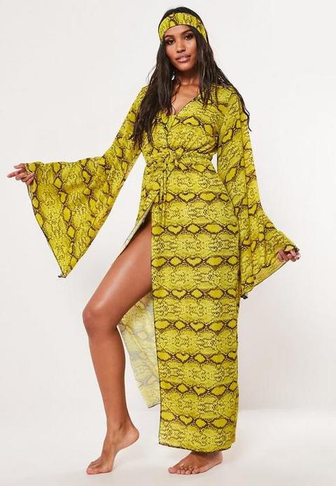 Yellow Animal Print Head Tie & Kimono Set, Yellow