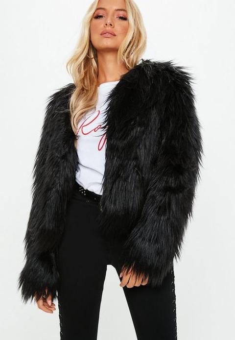 Black Shaggy Faux Fur Coat, Black