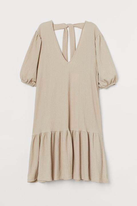 Puff-sleeved Dress - Beige