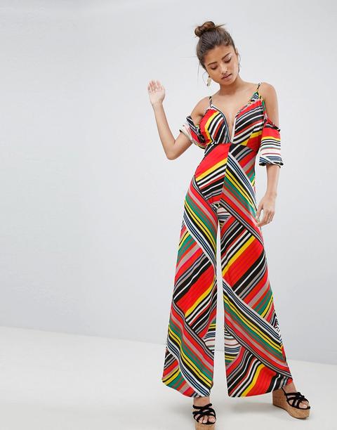 Prettylittlething - Tuta Lunga A Righe Con Spalle Scoperte - Multicolore