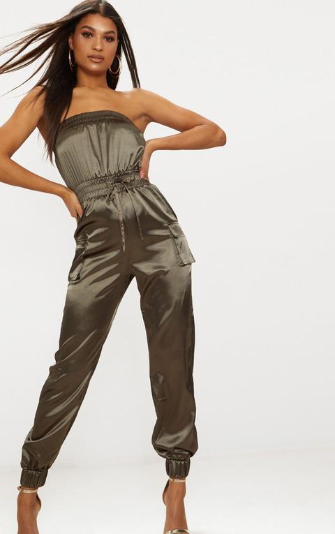 Khaki Satin Bandeau Cuff Detail Jumpsuit, Green