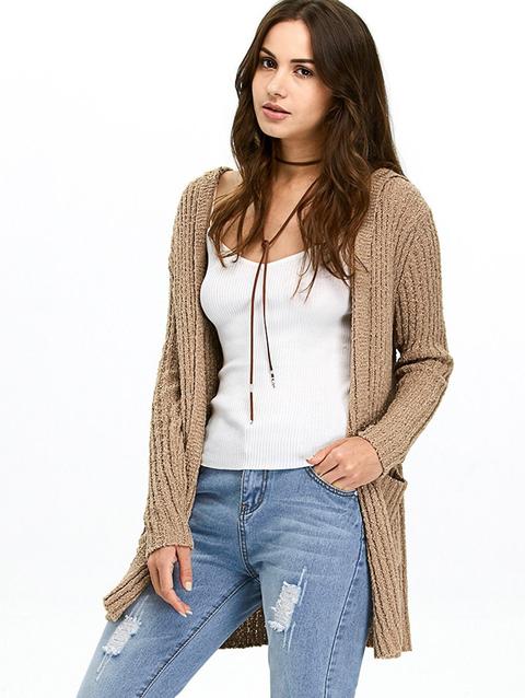 Ribbed Double Pockets Hooded Cardigan