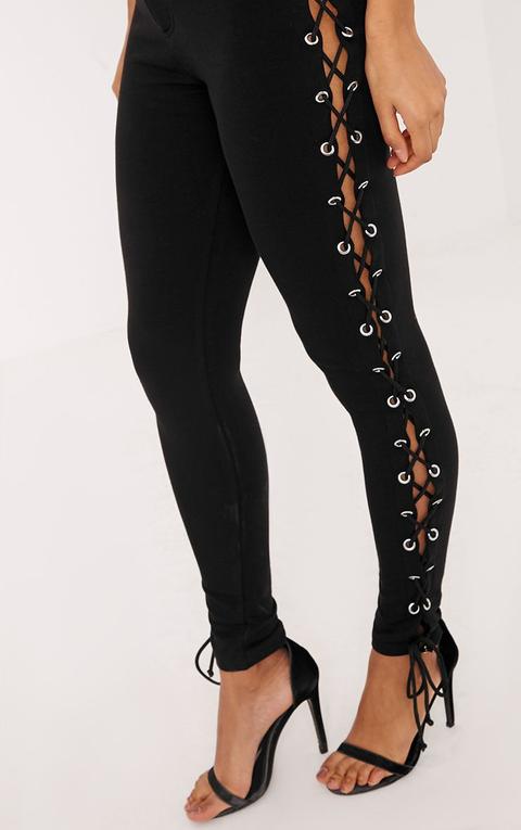 Women Skinny Jeans Denim Pants Gothic Lace Up Side Leggings Black Elastic  Slim Trousers.