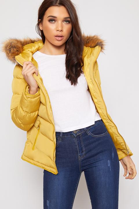Isabella Quilted Faux Fur Hooded Puffer Jacket - Mustard