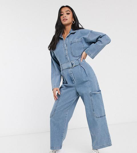 Asos Design Petite Denim Boilersuit With Utility Pocket In Light Wash Blue