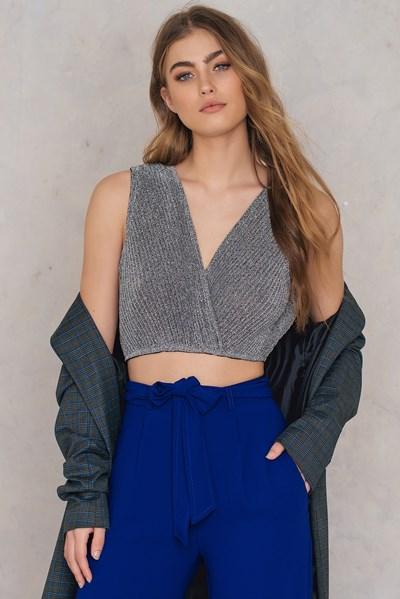 Na-kd Party Glittery Pleated Cropped Top - Silver