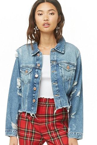 Forever 21 Distressed Denim Jacket , Medium Denim