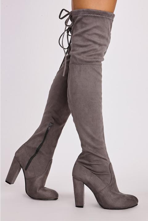 Remi Grey Faux Suede Over The Knee Heeled Boots