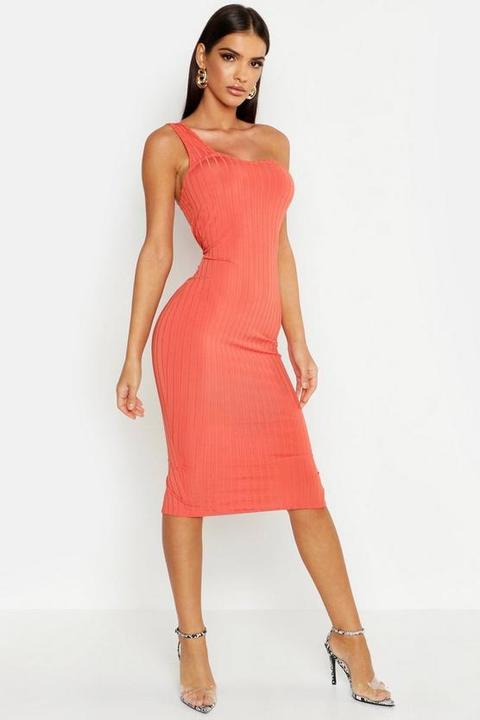Womens Geripptes One-shoulder Midikleid - Korallrot - 36, Korallrot