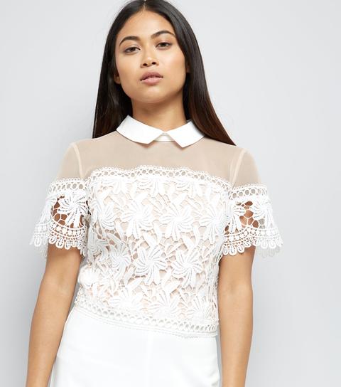 Petite White Lace Collared Top