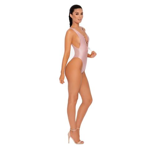 All Tied Up Lace Front High Leg Swimsuit In Blush Mauve