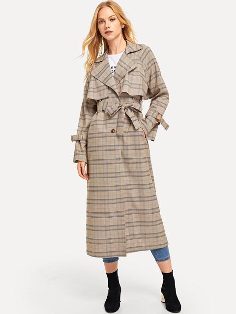 Flap Detail Plaid Trench Coat