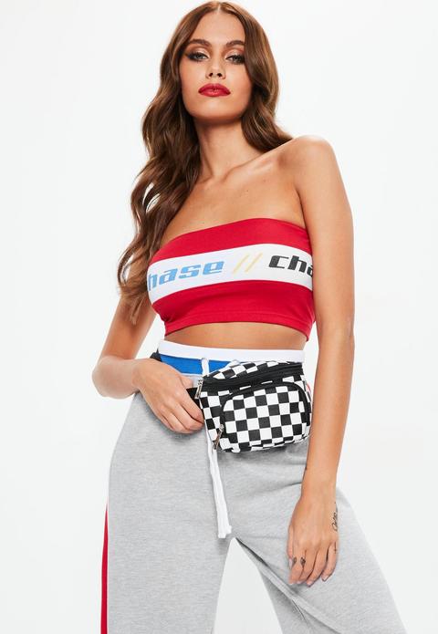 Red Colour Block Chase Slogan Bandeau Top, Red