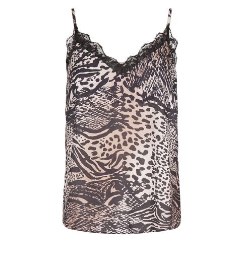 Stone Mixed Animal Print Lace Trim Cami New Look