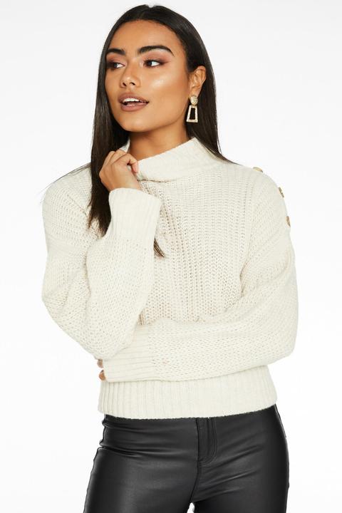 Stone Button Shoulder High Neck Knit Jumper