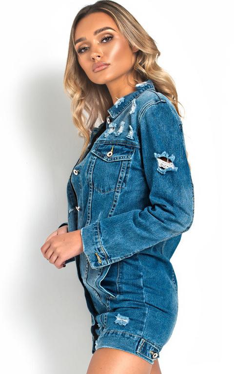 Harlow Distressed Long-lined Denim Jacket In Denim