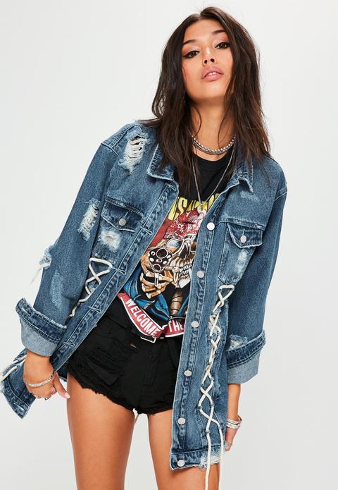 Blue Longline Lace Up Detail Denim Trucker Jacket