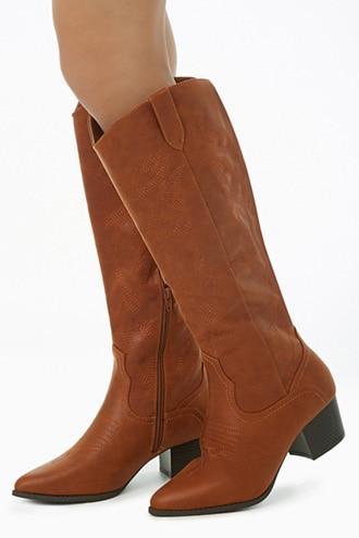 Forever 21 Embroidered Faux Leather Boots , Brown