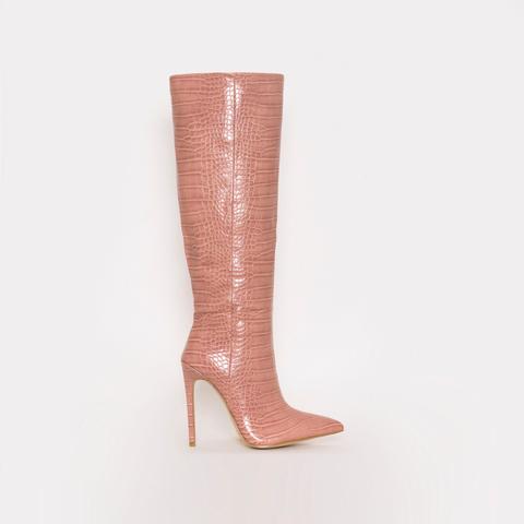 Delia Dusty Pink Croc Print Stiletto Knee Boots