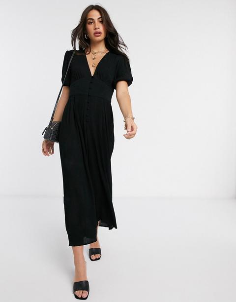 Asos Design Crinkle Tea Jumpsuit With Puff Sleeve In Black