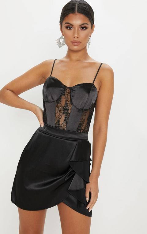 Black Satin Lace Mix Bodysuit