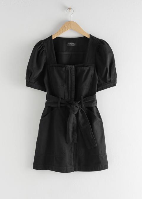 Belted Puff Sleeve Denim Mini Dress - Black