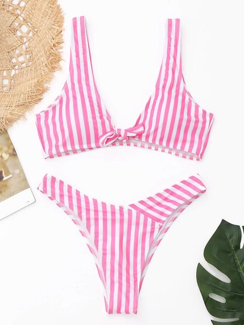 Bikini A Righe Con Nodo Anteriore Golden Brown Black Pink And White