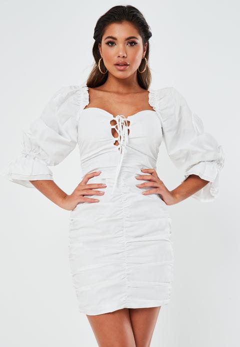 Robe Courte Blanche En Popeline Nouée À Manches Bouffantes Tall