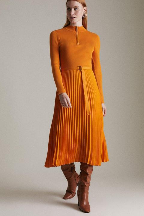 Karen Millen Long Sleeve Zip Roll/polo Neck Pleated Skirt Dress -, Orange