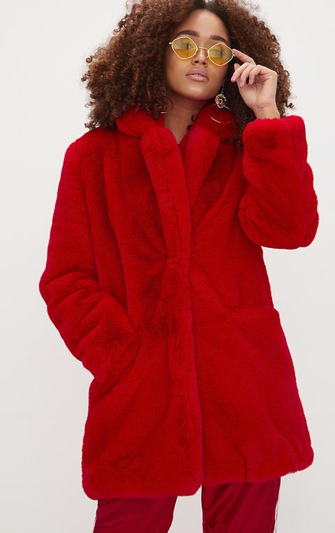 Red Premium Faux Fur Coat, Red