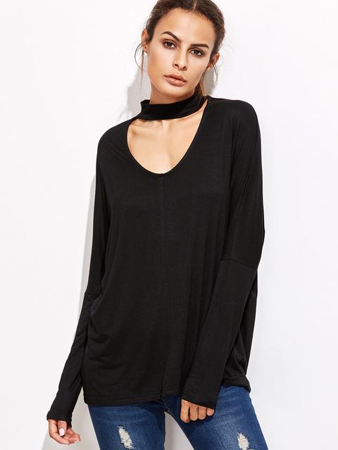 Black Cutout Choker Drop Shoulder T-shirt