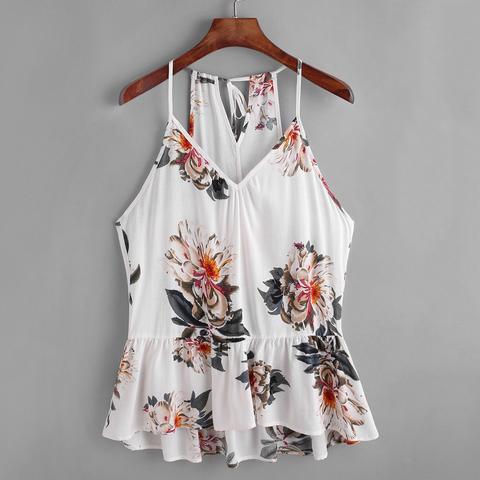 Flower Print Keyhole Self Tie Back Peplum Cami Top