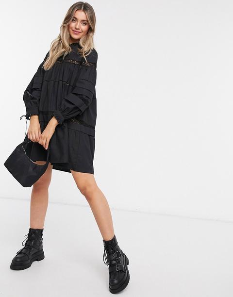 Asos Design Oversized Mini Smock Dress With Pin Tucks And Lace In Black