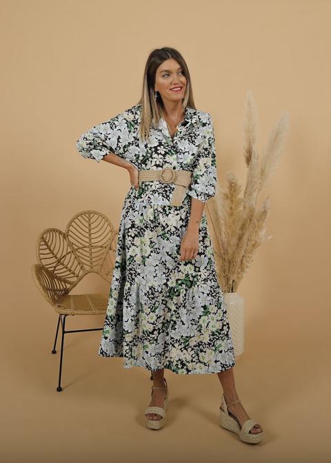 Vestido Camisero Midi Estampado Flores Negro