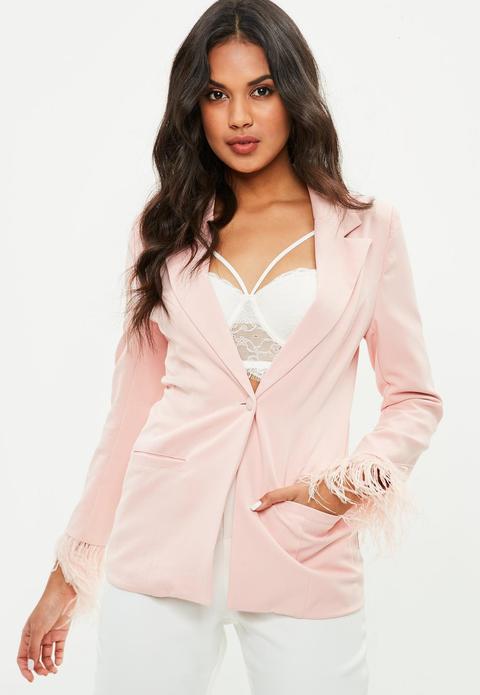 Pink Tailored Feather Cuff Blazer, Blush