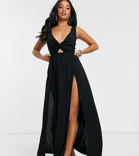 Asos Design Petite Tie Back Beach Maxi Dress With Twist Front Detail In Black