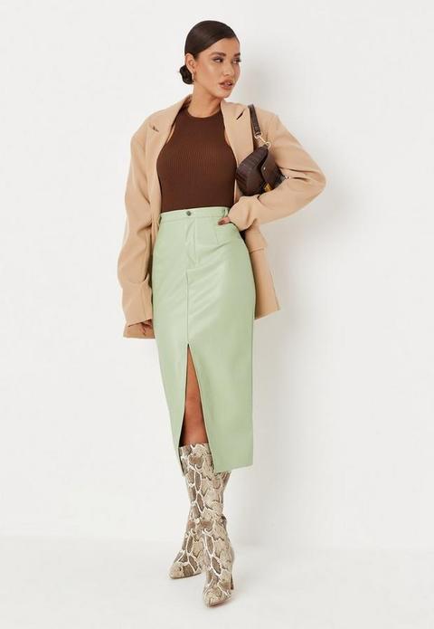 Green Faux Leather Split Front Midi Skirt, Green