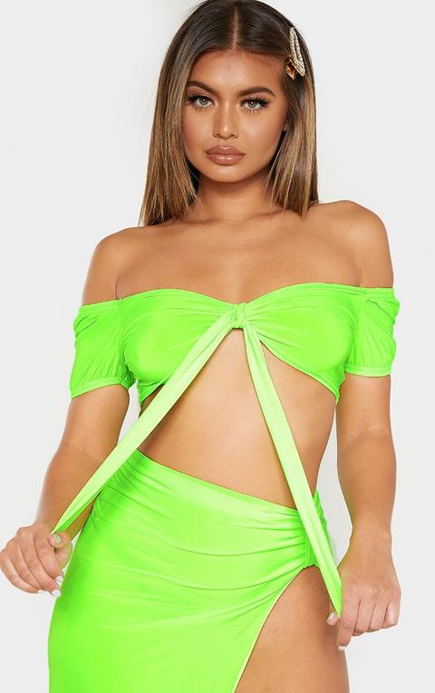 Neon Green Slinky Tie Front Detail Crop Top