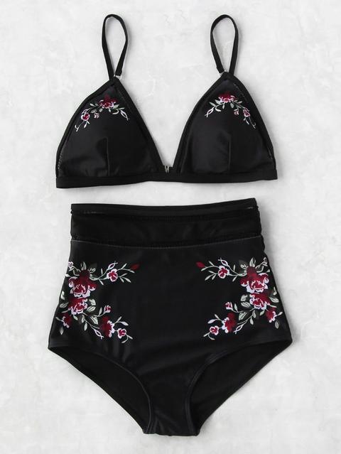 Calico Print Ladder Trim High Waist Bikini Set