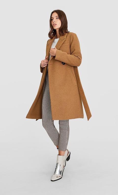 Woolly Coat With Belt In Beige
