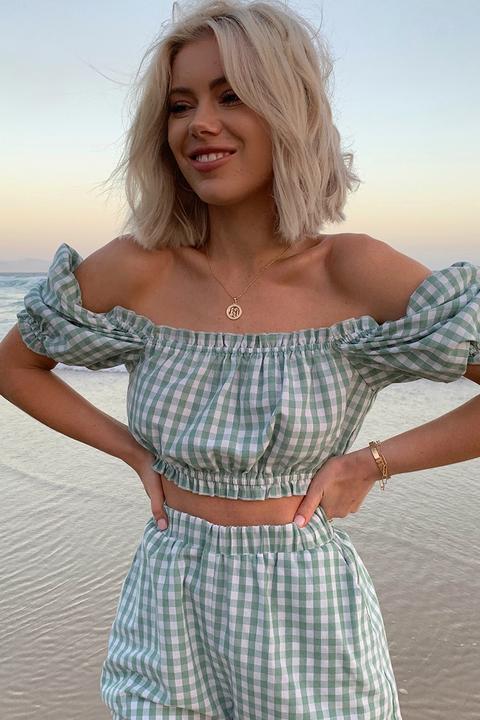 gingham puff sleeve crop top