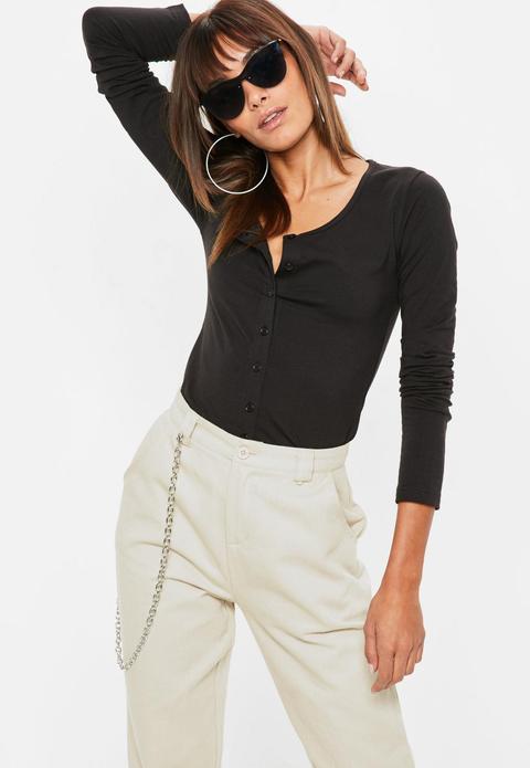 Black Button Front Plunge Top, Black