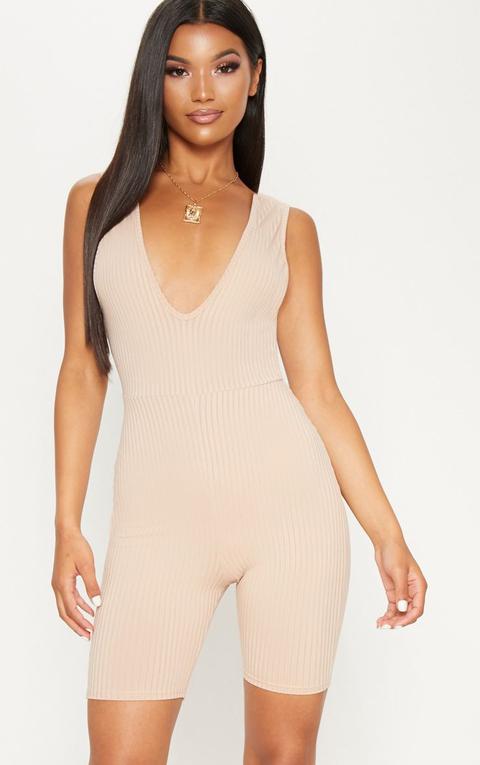 Nude Ribbed Plunge Sleeveless Unitard