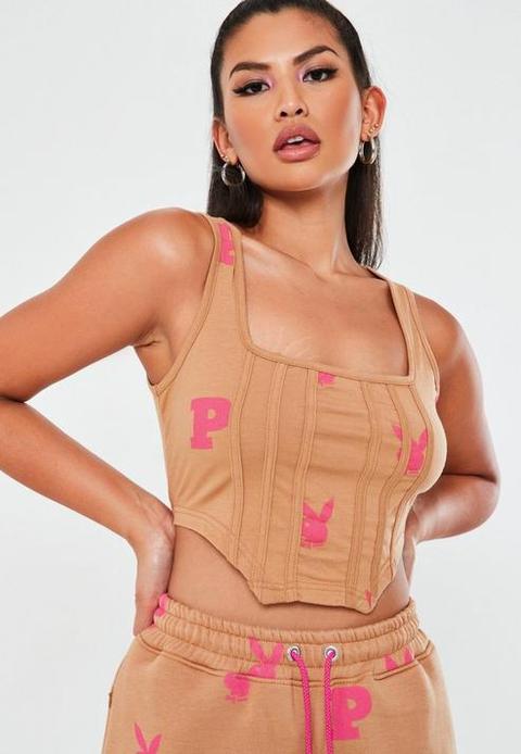 Playboy X Missguided Camel All Over Print Corset Crop Top, Camel