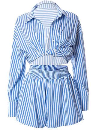 Pin Stripe Twisted Crop Shirt And High Waist Shorts Co Ord Set Blue