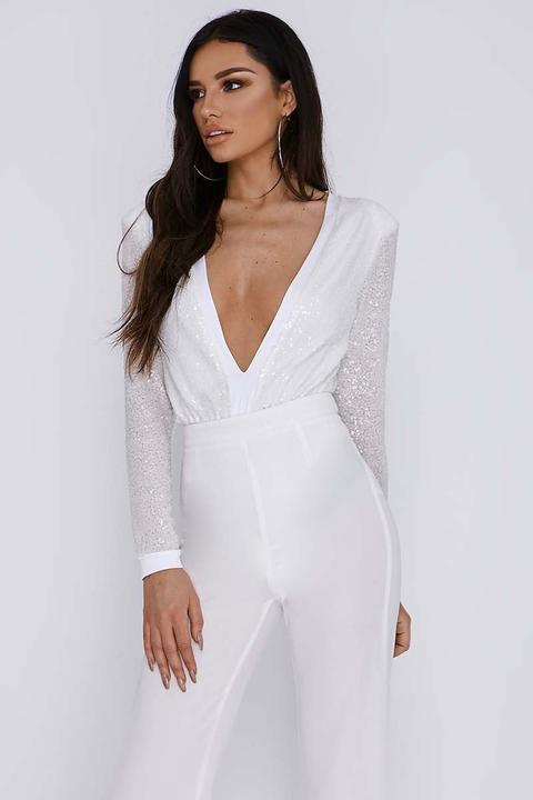 White Micro Sequin Plunge Bodysuit