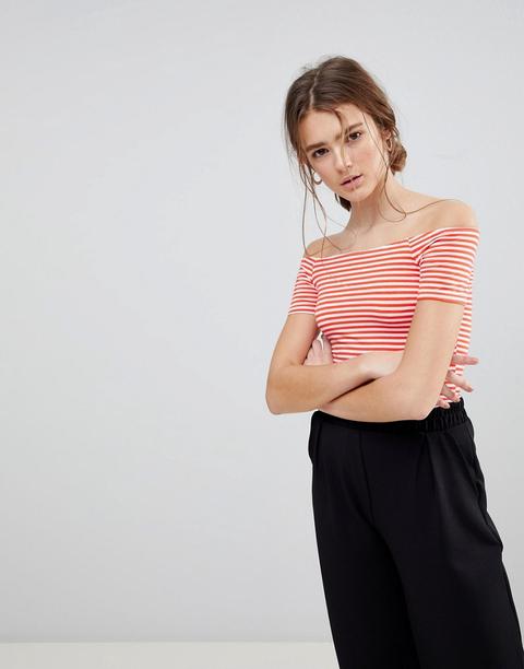 Asos Body In Off Shoulder Stripe With Short Sleeve - Dark Red