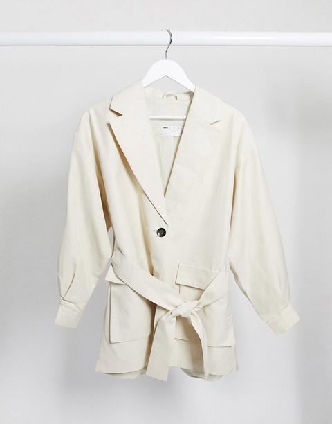 Asos Design Utility Belted Suit Blazer In Ivory-white